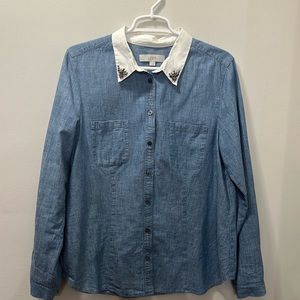 LOFT chambray shirt with jewel embellishments. Size Large. Excellent condition!